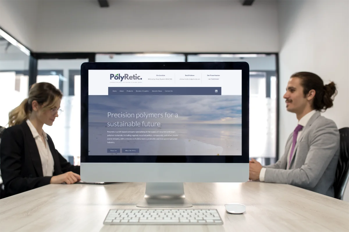 Clean, modern website redesign for Polyretic showcasing sustainable polymer materials